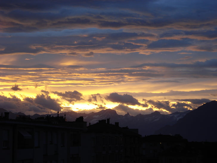 зората, изгряващото слънце, облаците, цветни, природата, планини, Лозана