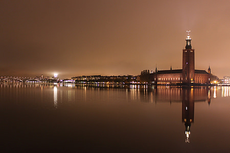 city hall, stockholm, sweden, night, reflection, water, architecture