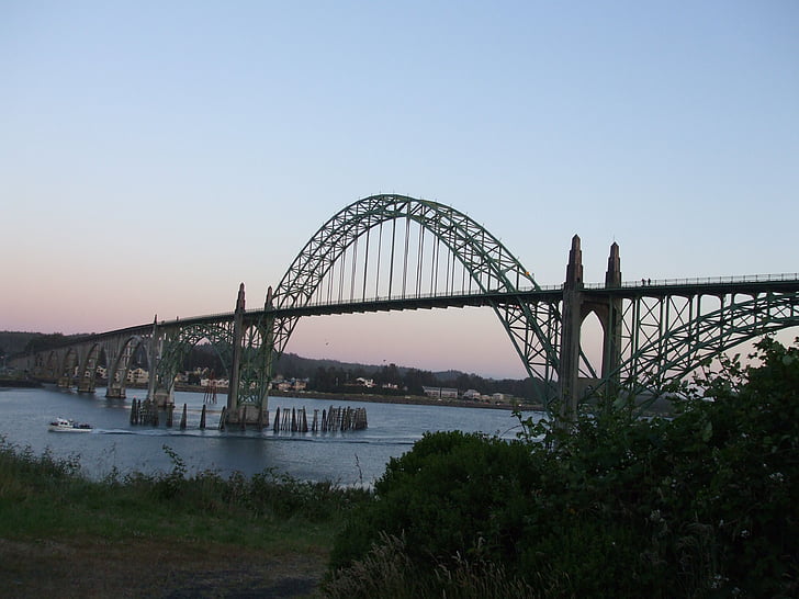 Bridge, Arch, Bay, Oregon, stål-arch bridge, hamnen, kvällen