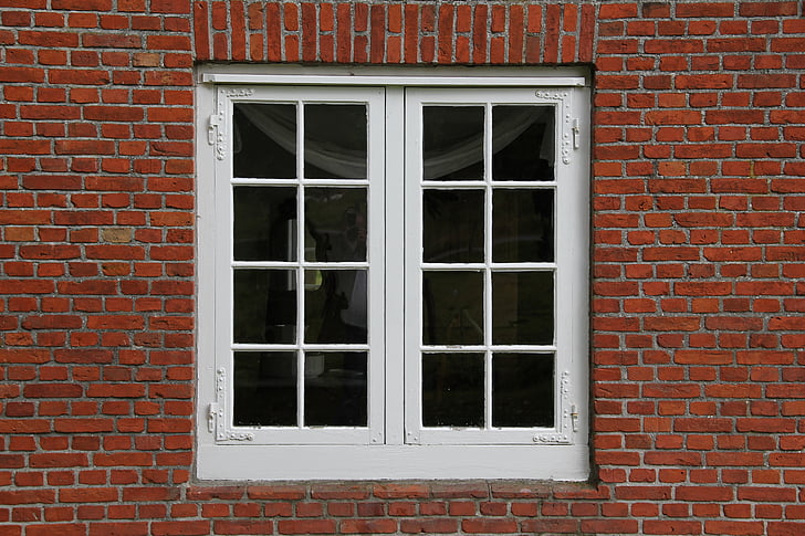 jendela, lama, kaca, jendela kaca, batu bata, merah