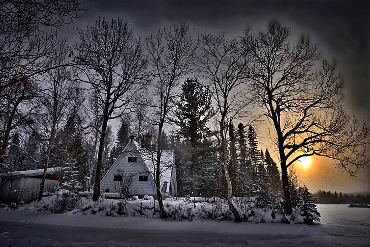 winter landscape, sunset, winter, snow, house, trees, sun