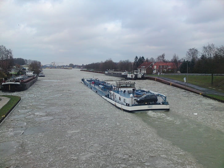 statek, kanał, lód, zimowe, wody, mrożone, Dortmund ems kanal