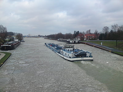 корабль, канал, лед, Зима, воды, замороженные, Канал Dortmund ems