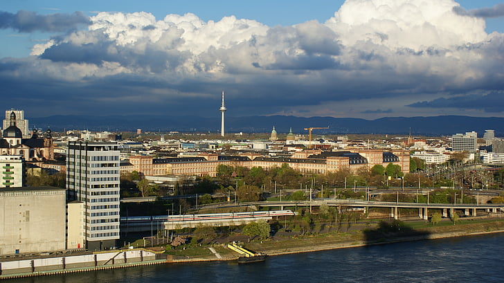 Mannheim, Panorama, mieliala, pilvet, kaupunkinäköala, Reinin, Neckar