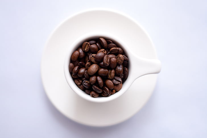 cafeína, cerámica, café, granos de café, taza, plato