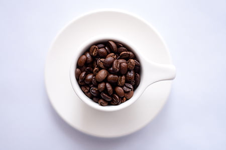 caffeine, ceramic, coffee, coffee beans, cup, saucer
