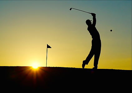 Golf, coucher de soleil, sport, golfeur, bat, einlochfahne, en plein air