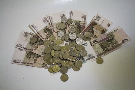 penge, rubel, mønter, regninger, håndfuld
