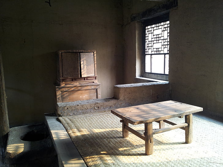 aldea, sala de, muebles, tabla, antiguo, histórico, China