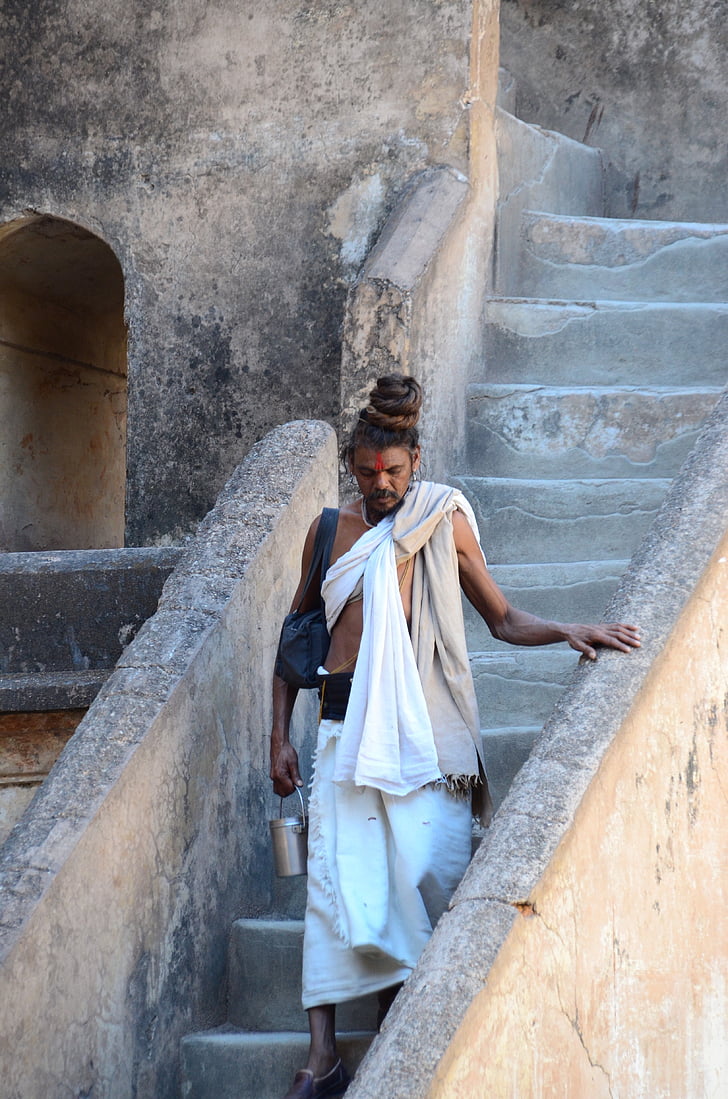 india, sadhu, holy, man, stairs, people, cultures
