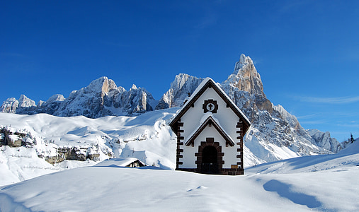 Доломитовые Альпы, Церковь, снег, Зима, Гора, холодная, пейзаж
