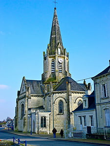 church, bell tower, region, france, sky, blue, landscape