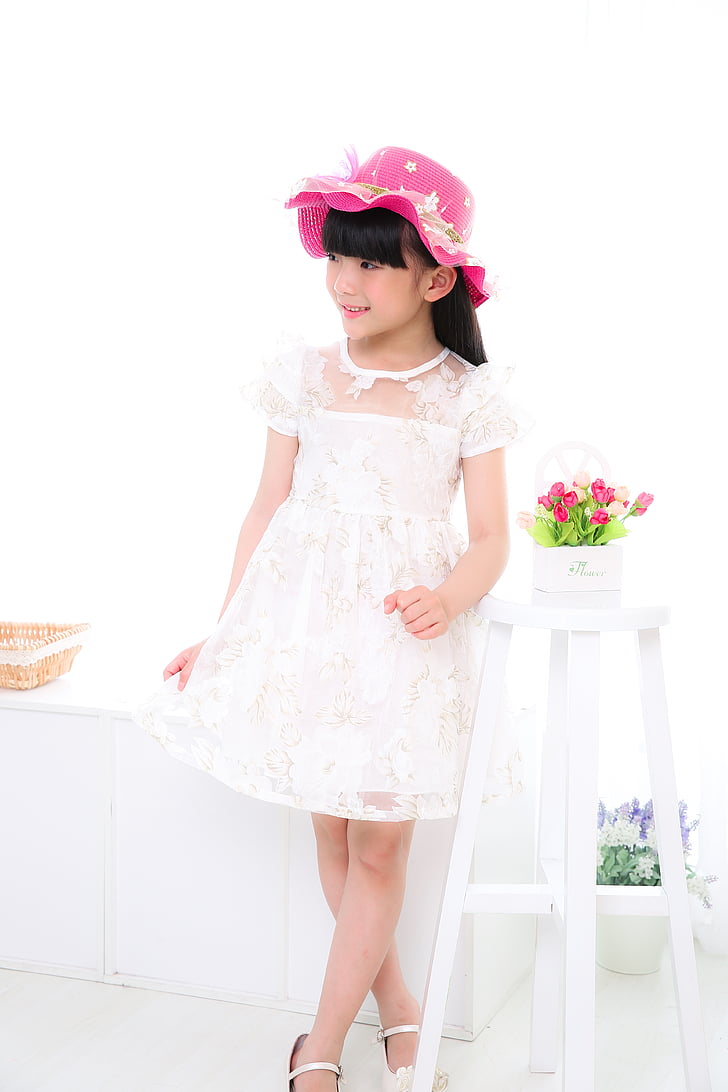 child, girls, portrait, photo, white dress, hat, bid