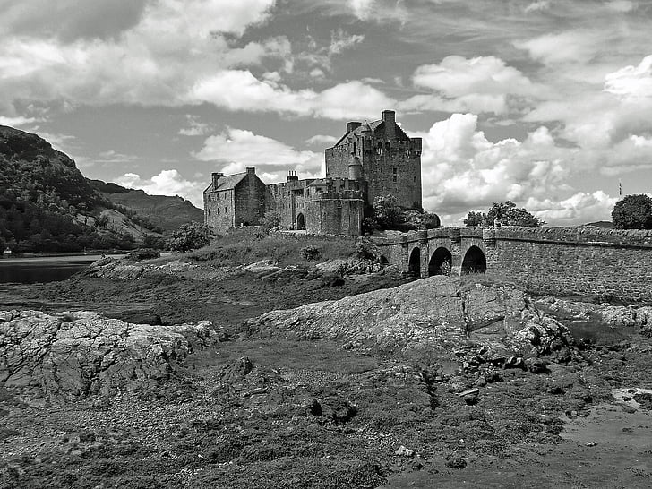 Scoţia, Castelul, Eilean donan castle, alb-negru, istorie, vechi, arhitectura