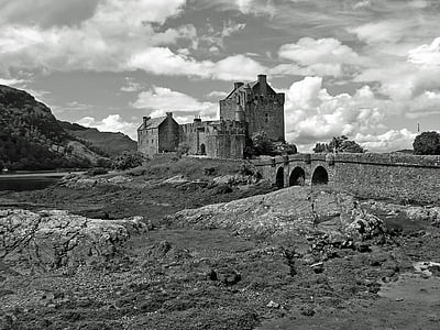 Escócia, Castelo, Castelo de Eilean donan, preto e branco, história, velho, arquitetura