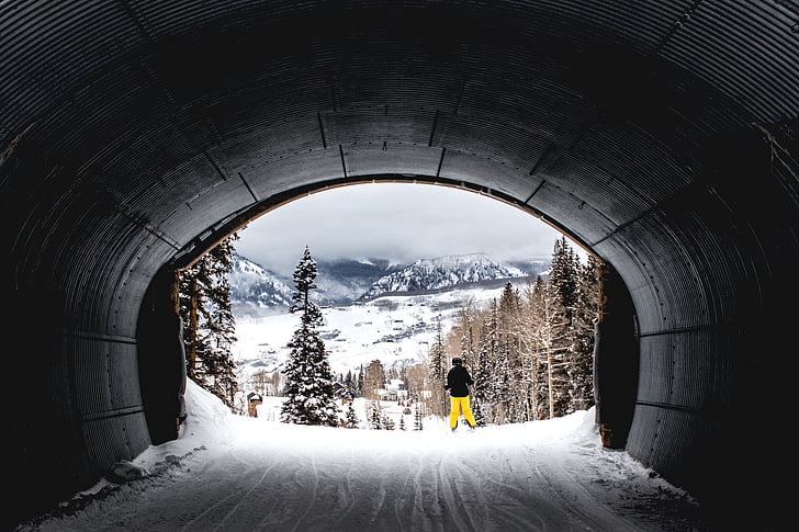 tunnel, nature, trees, winter, snow, mountains, skiing