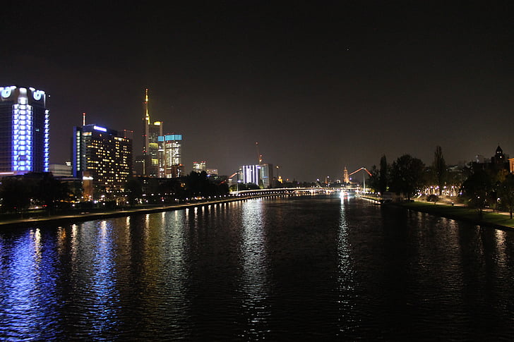 naktī, Frankfurte pie Mainas, galvenais, pilsēta, arhitektūra, ēka, gaismas