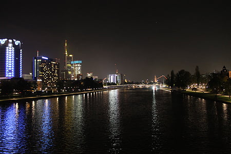 natt, Frankfurt, viktigste, byen, arkitektur, bygge, lys