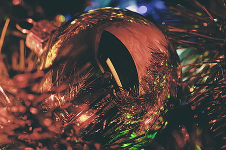 ouro, bugiganga, decoração, fechar, fotografia, Natal, árvore