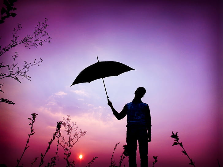 silhouette, umbrella, beautiful, weather, rain, season, autumn