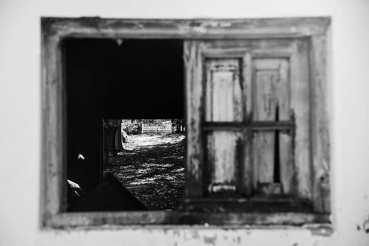 fekete-fehér, ablak, régi