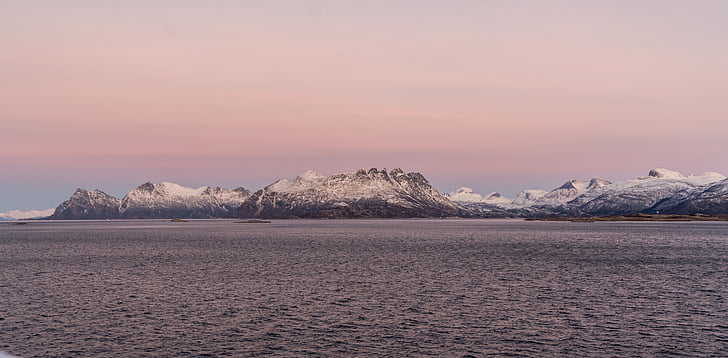 Норвегія, Берегова лінія, Захід сонця, фіорд, море, Гора, сніг