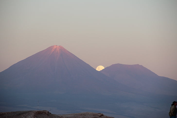 Вулкан, Ліканкабур, San pedro de atacama, Природа, місяць, повний, Захід сонця