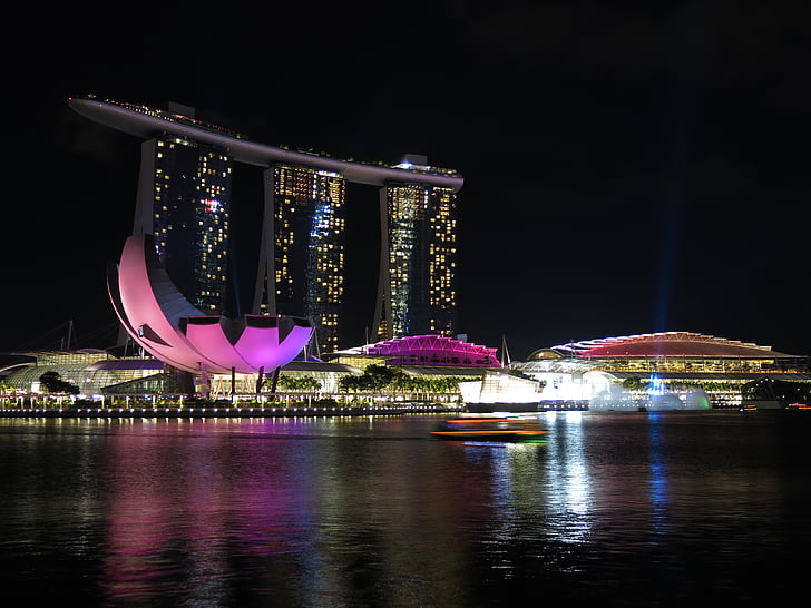 Сингапур, Река, Ночные огни, Туризм, свет, Скайлайн, Ориентир