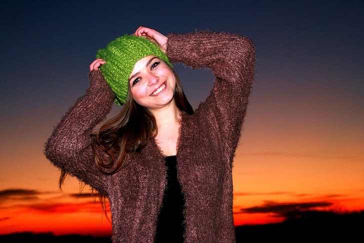 girl, sunset, in the evening, green eyes, hat, sky, green