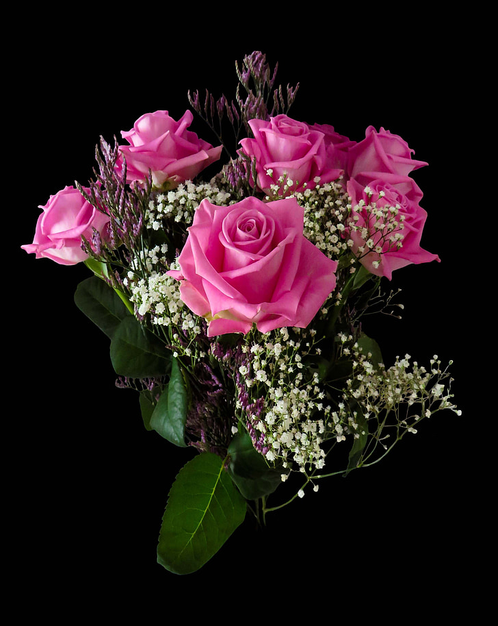 dzimšanas diena, ziedi, Valentīna diena, pušķis, rozes, rozā, apsveikuma kartīte