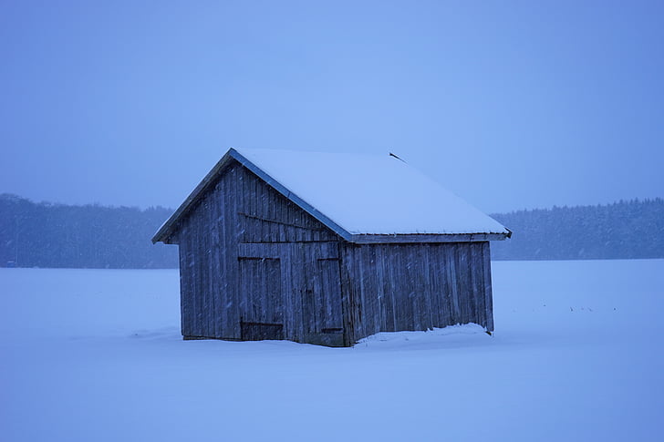 hut, snowfall, snow, log cabin, scale, wintry, cold