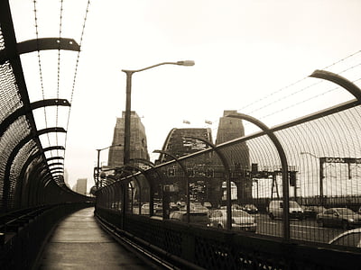 bridge, fence, car, city, road, way, black and white