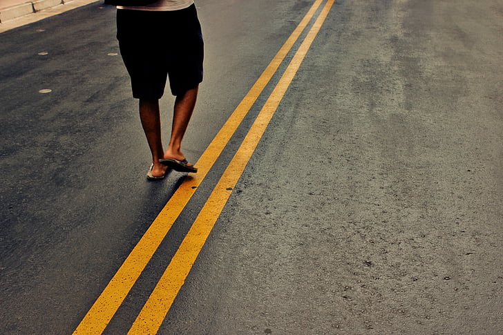 person, walking, asphalt, road, daytime, feet, legs