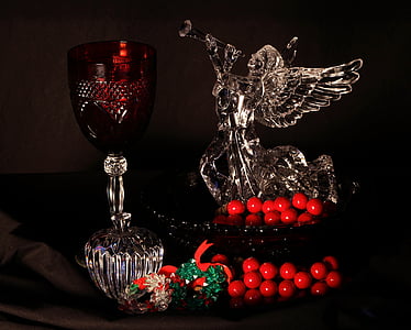 christmas still life, holiday decoration, angel, goblet, ornaments, berries, bowl