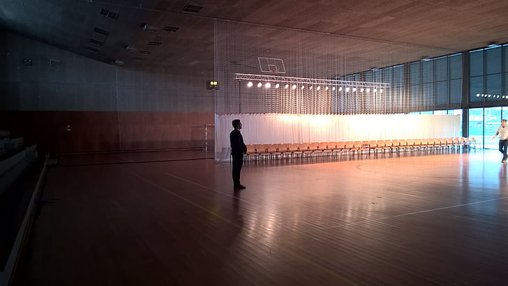 basketball court, chairs, hall, people, person, waiting, indoors