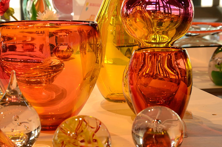 glas, kunst, vase, bold, rød, orange
