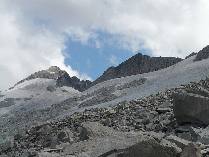 Pico aneto, gletsjer, berg, stenen, sneeuw, hemel, wolken