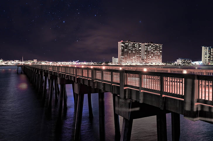 Pier, Harbor, Panama city beach, Florida, Dock, lys, stjerner