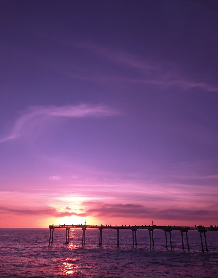 pier, sunset, sky, water, beach, dusk, ocean