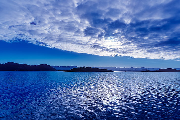 Норвегия, Закат, Сумерки, небо, облака, озеро, фьорд