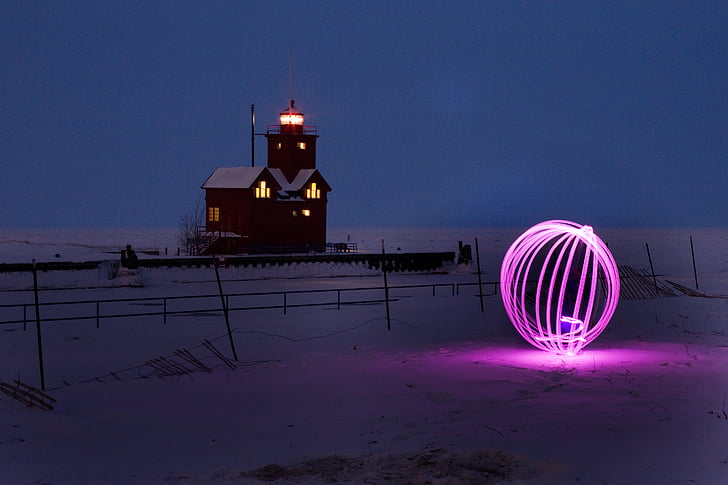 orb, long exposure, lights, night, lighthouse, winter, red