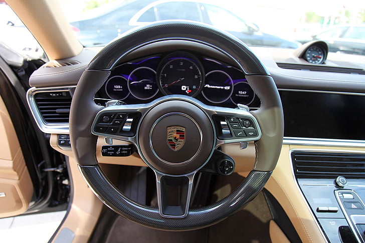 Porsche, o panamera 4s, carro, Lux, direção, no console, cabina do piloto