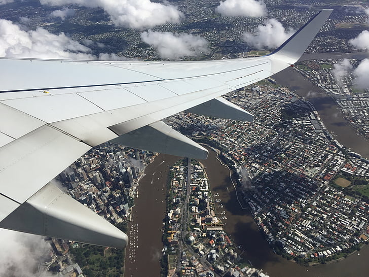Lég-gép, szárny, utazás, Brisbane, folyó, repülőgép, repülő
