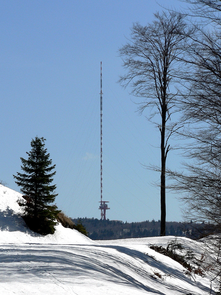 tv transmitter, winter, snow, trees, path, country, slovakia