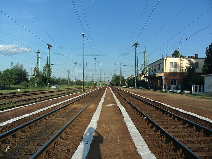 ferroviário, Trem, faixas, sombra, céu, Hungria, Dunedin