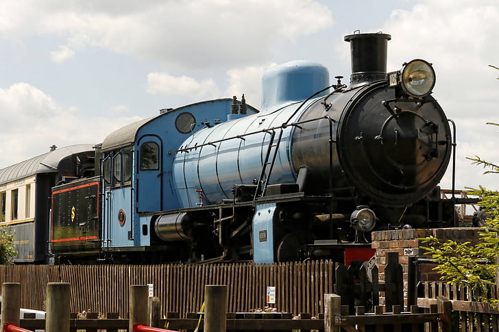 μηχανή, ατμού, ράγα, σιδηρόδρομοι, παλιάς χρονολογίας, παλιά, μπλε