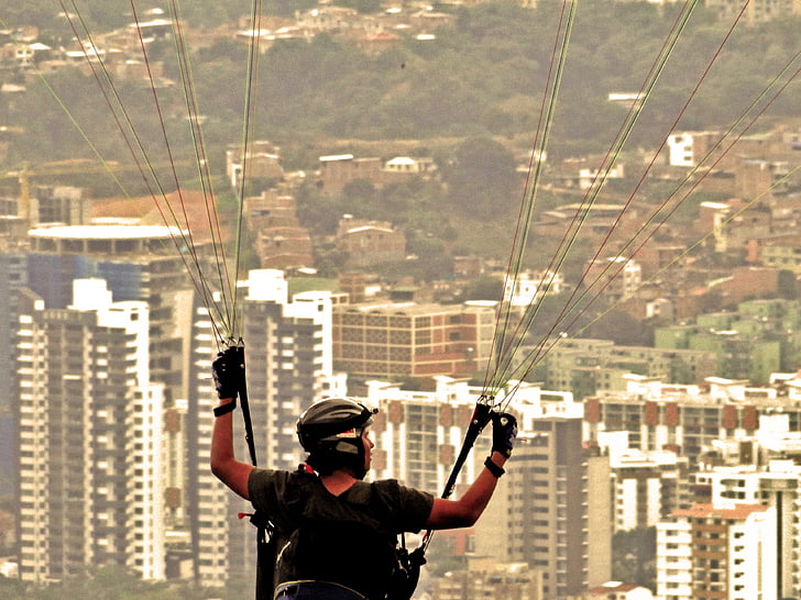 parachute, paragliding, city, urban landscape, landscape, dom, man