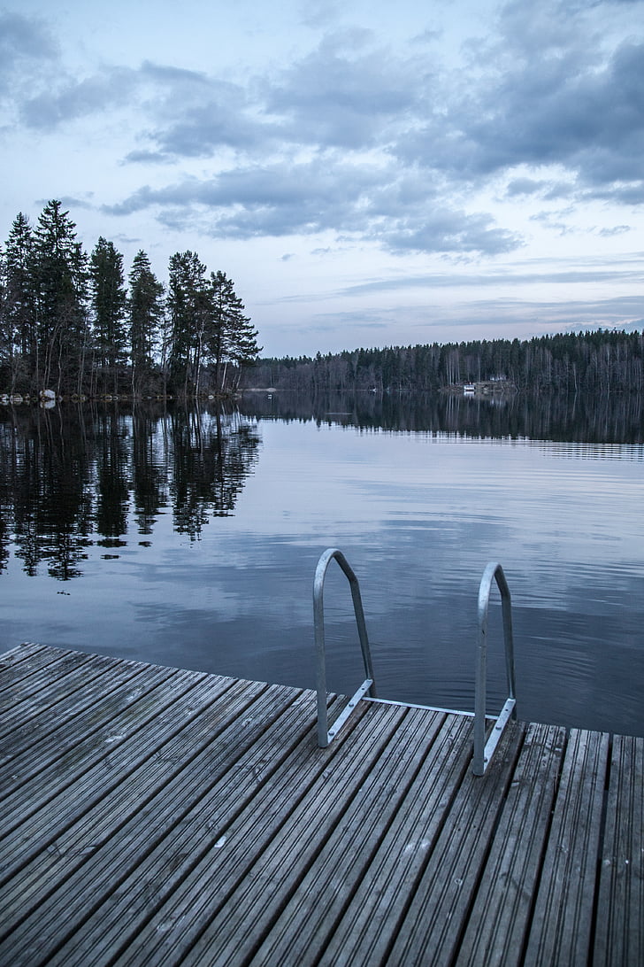 dokas, kopėčios, ežeras, Suomija, tamsus, vakare, vandens