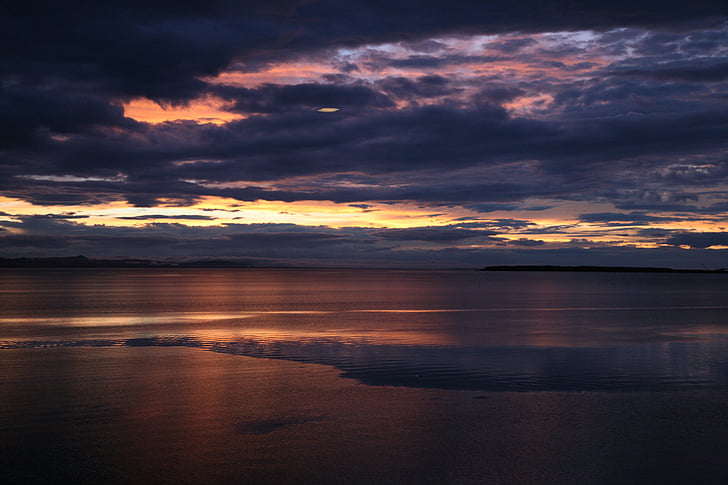 solnedgång, i skymningen, havet, Hokkaido
