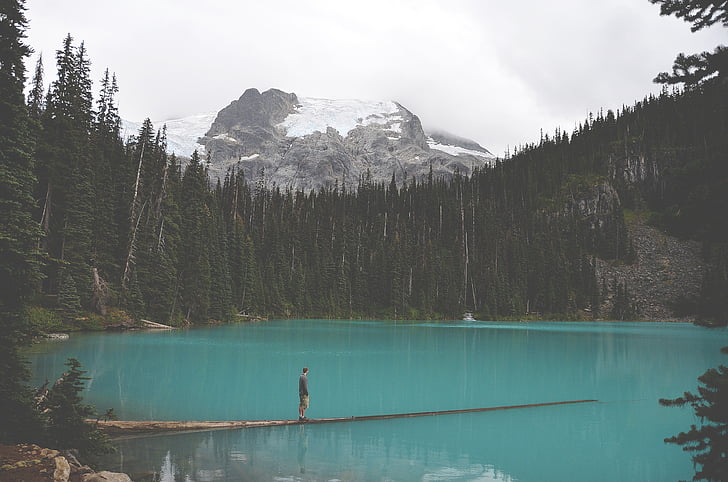 alpine, lake, turquoise, water, person, standing, headland